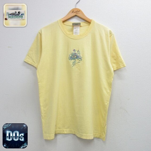 【20%OFF】古着 半袖 ビンテージ Tシャツ レディース 00年代 00s 花 刺繍 コットン クルーネック カナダ製 黄 26may07