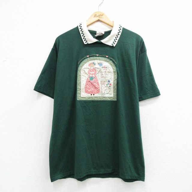 古着 ジャージーズ 半袖 ビンテージ Tシャツ レディース 90年代 90s 女性 ウサギ 刺繍 襟付き 大きいサイズ USA製 緑他 26may07