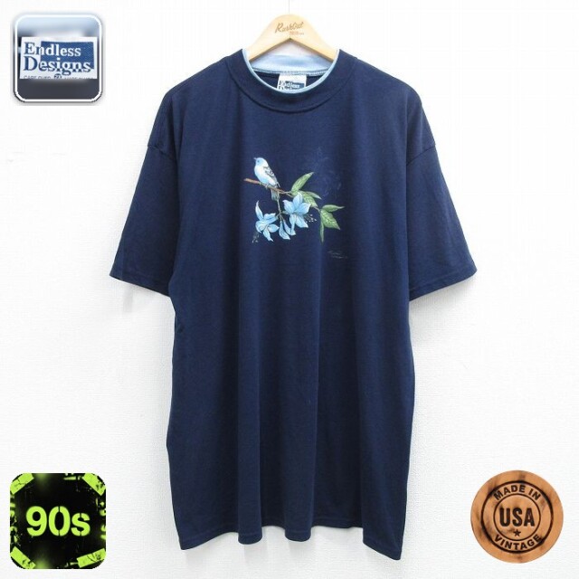 【20%OFF】古着 半袖 ビンテージ Tシャツ レディース 90年代 90s 花 鳥 大きいサイズ ロング丈 クルーネック USA製 紺 26may07