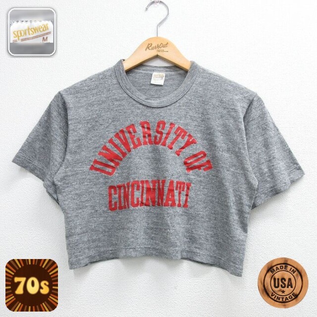 【20%OFF】古着 半袖 ビンテージ Tシャツ レディース 70年代 70s シンシナティ カレッジ ショート丈 クルーネック USA製 グレー 霜降り【spe】 26may07