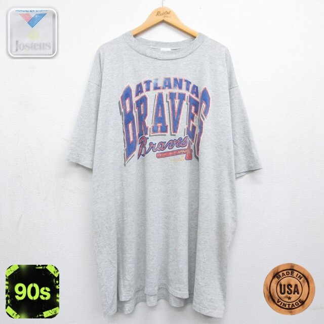 【20%OFF】古着 半袖 ビンテージ Tシャツ レディース 90年代 90s MLB アトランタブレーブス 大きいサイズ ロング丈 クルーネック USA製 薄グレー 霜降り メジャーリーグ ベースボール 野球 26may08