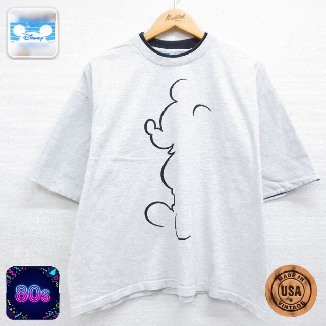 【20%OFF】古着 半袖 ビンテージ Tシャツ レディース 80年代 80s ディズニー ミッキー コットン クルーネック USA製 薄グレー 霜降り 26may08