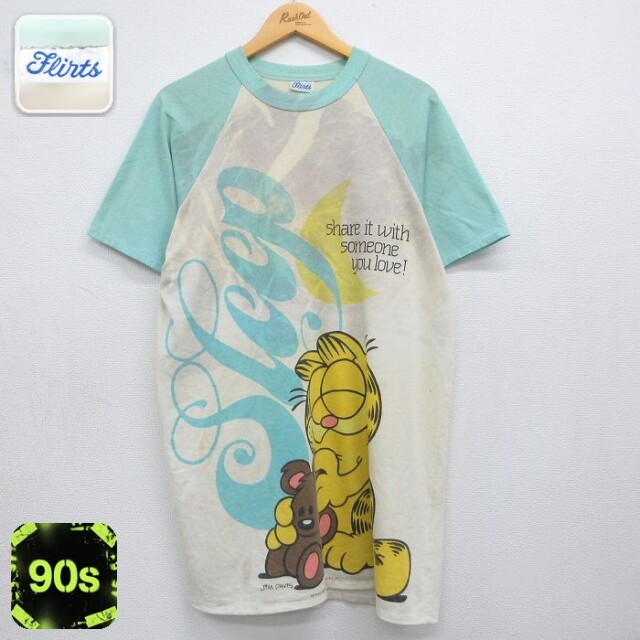 【20%OFF】古着 半袖 ビンテージ Tシャツ レディース 90年代 90s ガーフィールド ラグラン ロング丈 クルーネック 薄黄他 26may08
