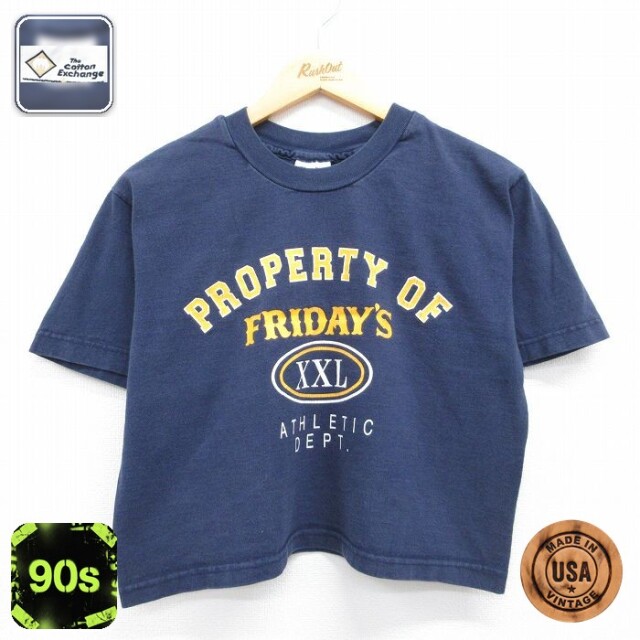 【20%OFF】古着 半袖 ビンテージ Tシャツ レディース 90年代 90s FRYDAYS ショート丈 コットン クルーネック USA製 紺 26may08