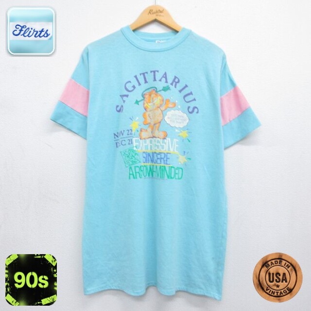 【20%OFF】古着 半袖 ビンテージ Tシャツ レディース 90年代 90s ガーフィールド クルーネック USA製 水色他 26may08