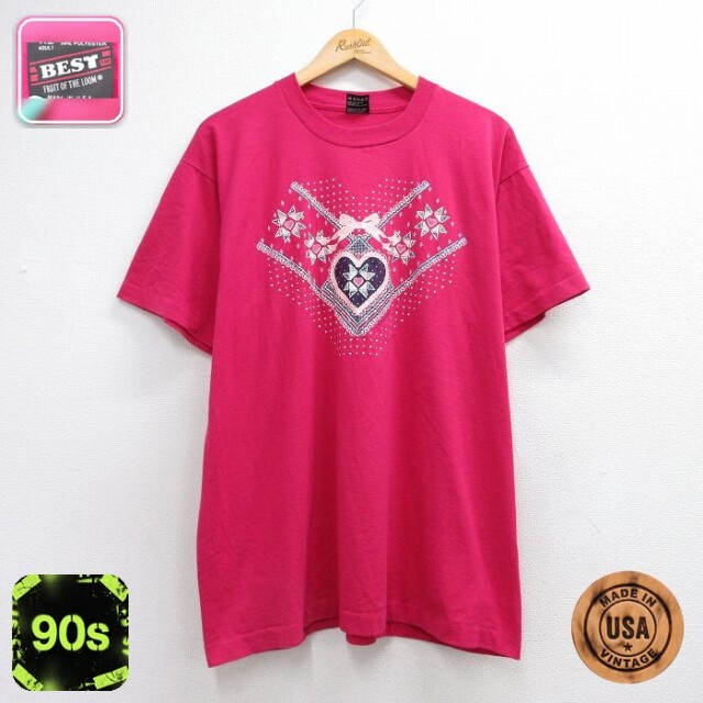 【20%OFF】古着 フルーツオブザルーム 半袖 ビンテージ Tシャツ レディース 90年代 90s ハート リボン クルーネック USA製 ピンク 26jun12