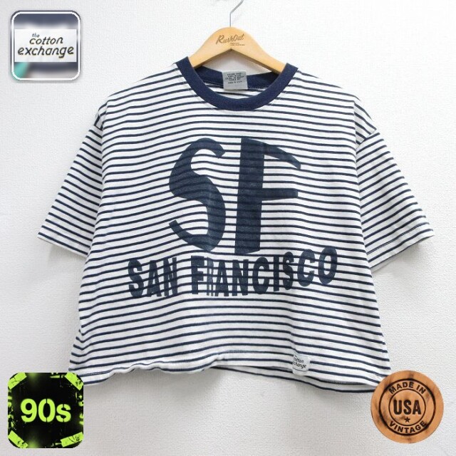 【20%OFF】古着 半袖 ビンテージ Tシャツ レディース 90年代 90s サンフランシスコ ショート丈 コットン クルーネック USA製 ネイビー ボーダー 26jun12