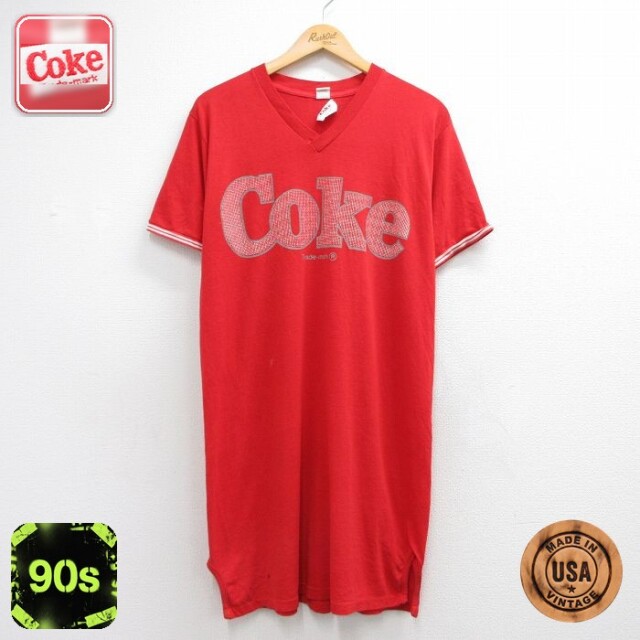 【20%OFF】古着 半袖 ビンテージ Tシャツ ワンピース レディース 90年代 90s コカコーラ ロング丈 Vネック USA製 レッド 26jun12
