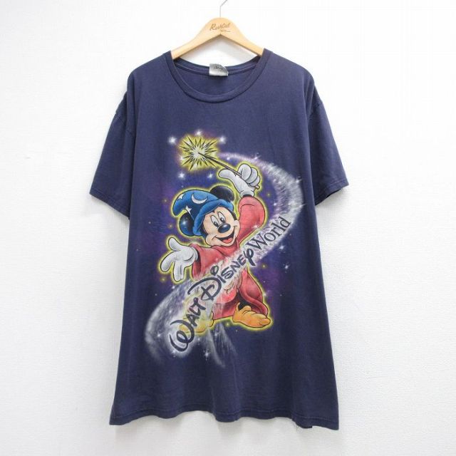 古着 半袖 ビンテージ Tシャツ ワンピース レディース 00年代 00s ディズニー ミッキー ファンタジア 大きいサイズ ロング丈 クルーネック ネイビー 26jun12