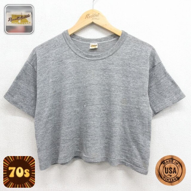 【20%OFF】古着 ラッセル 半袖 ビンテージ Tシャツ レディース 70年代 70s 無地 ショート丈 クルーネック USA製 グレー 霜降り【spe】 26jun12