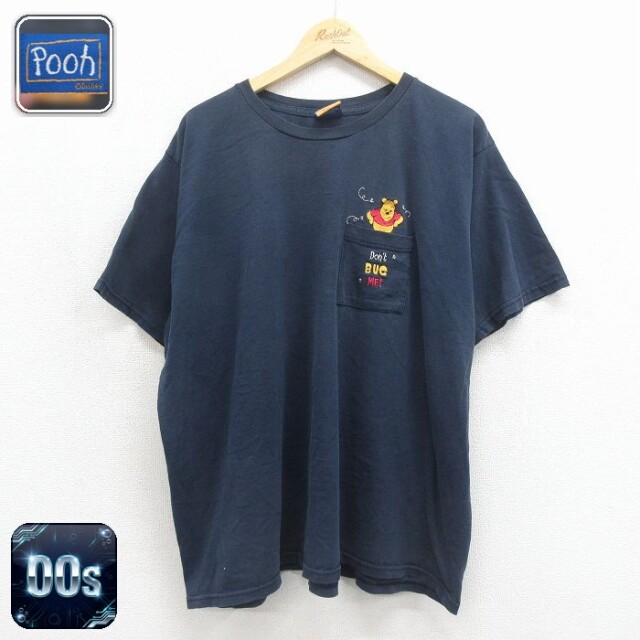 【20%OFF】古着 半袖 ビンテージ Tシャツ レディース 00年代 00s ディズニー くまのプーさん 胸ポケット付き 大きいサイズ クルーネック ネイビー 26jun12