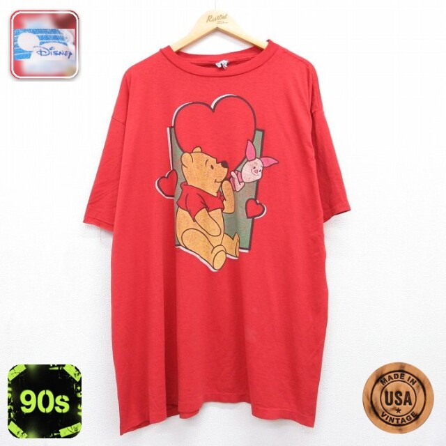 古着 半袖 Tシャツ レディース 90年代 90s ディズニー くまのプーさん ピグレット 大きいサイズ ロング丈 コットン USA製 レッド 26jul21