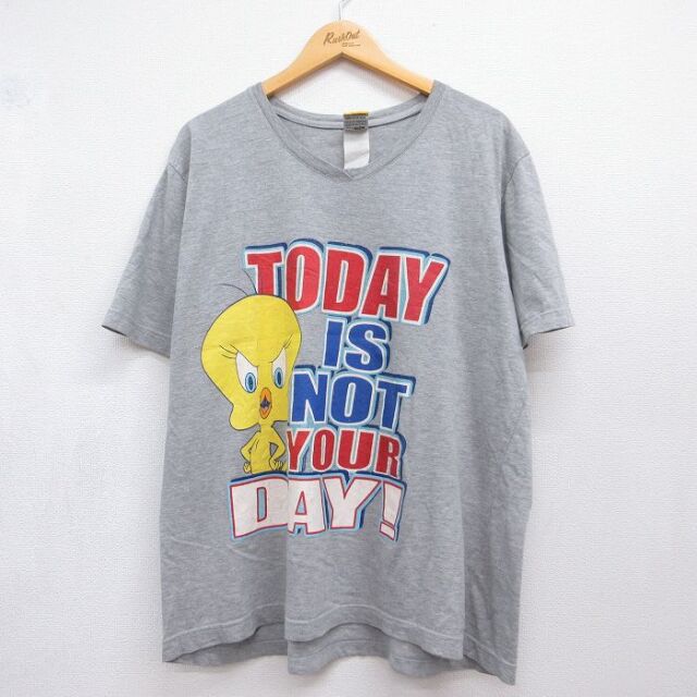 古着 半袖 Tシャツ レディース 00年代 00s ルーニーテューンズ トゥイーティー ラメ 大きいサイズ Vネック グレー 霜降り 26jul21