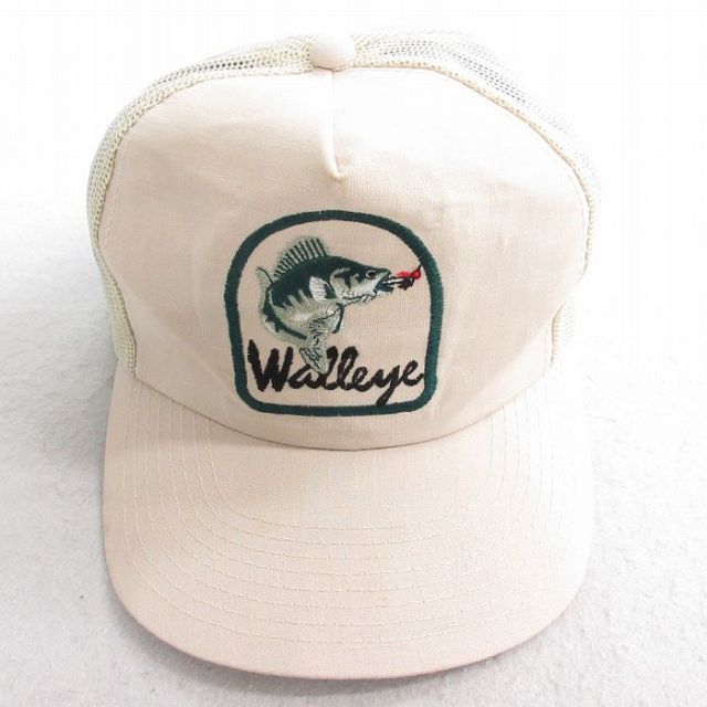【50%OFF】中古 メッシュ キャップ 90年代 90s 魚 刺繍 USA製 ベージュ カーキ 25aug01