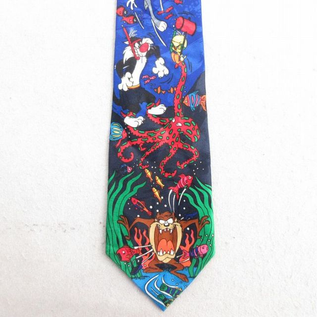 中古 ネクタイ 90年代 90s ルーニーテューンズ LOONEY TUNES タズ シルベスター 青 ブルー 25jun30