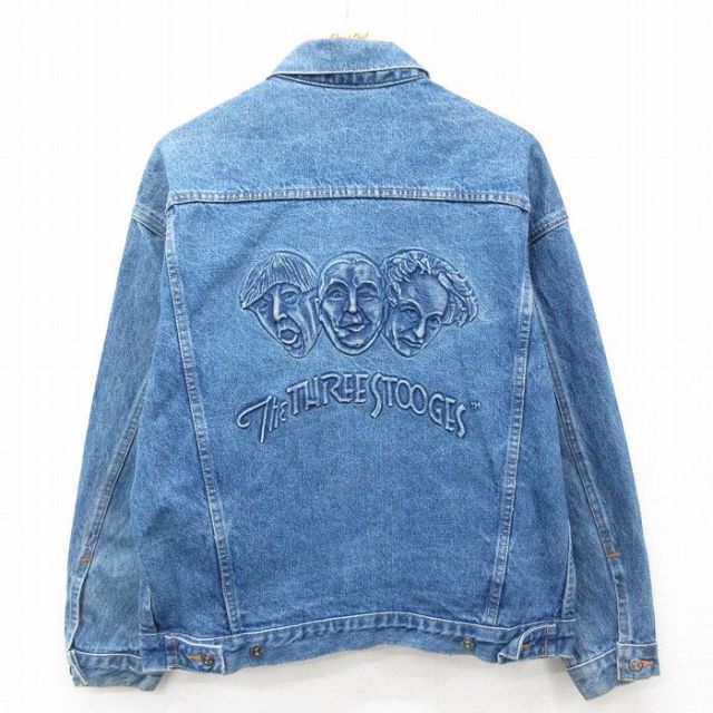 【50%OFF】L★古着 長袖 ジージャン メンズ 90年代 90s スリーストゥージス 三ばか大将 コットン USA製 紺 ネイビー デニム 【spe】 25feb22 中古 アウター Gジャン ジャケット