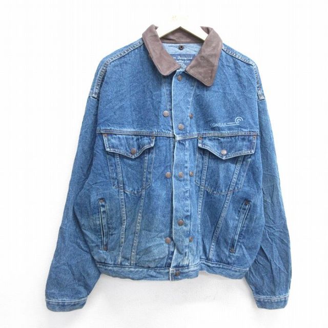 XL★古着 長袖 ジージャン メンズ CONRAIL 襟レザー 大きいサイズ コットン 紺 ネイビー デニム 25mar05 中古 アウター Gジャン ジャケット