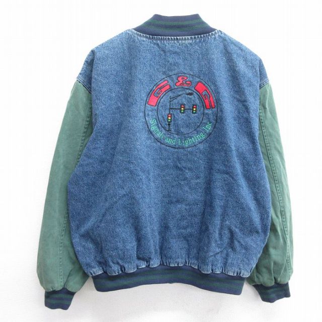 XL★古着 長袖 デニム ジャケット スタジャン メンズ 90年代 90s G&G 刺繍 コットン 紺 ネイビー 25mar05 中古 アウター