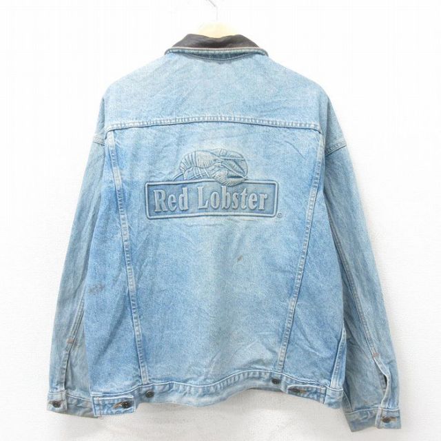 【50%OFF】XL★古着 長袖 ジージャン メンズ 90年代 90s レッドロブスター 襟レザー コットン USA製 紺 ネイビー デニム 25may12 中古 アウター Gジャン ジャケット