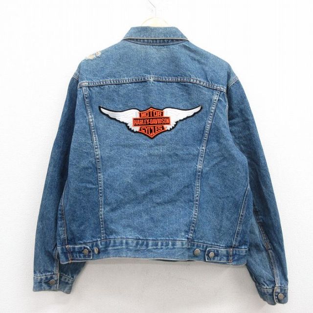 L★古着 長袖 ジージャン メンズ 90年代 90s ハーレーダビッドソン Harley Davidson 紺 ネイビー デニム 25jul28 中古 アウター Gジャン ジャケット