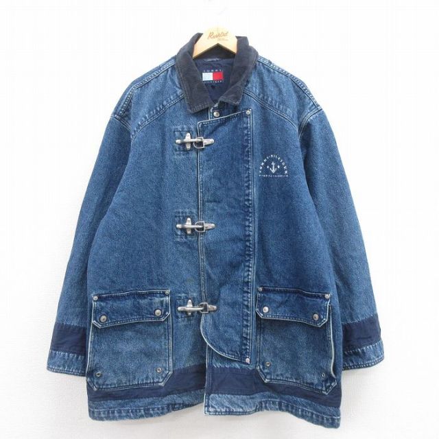 XL★古着 トミーヒルフィガー TOMMY HILFIGER 長袖 ブランド デニム ファイヤーマン ジャケット メンズ 90年代 90s 大きいサイズ ロング丈 襟コーデュロイ コットン 紺 ネイビー 【spe】 25aug23 中古 アウター
