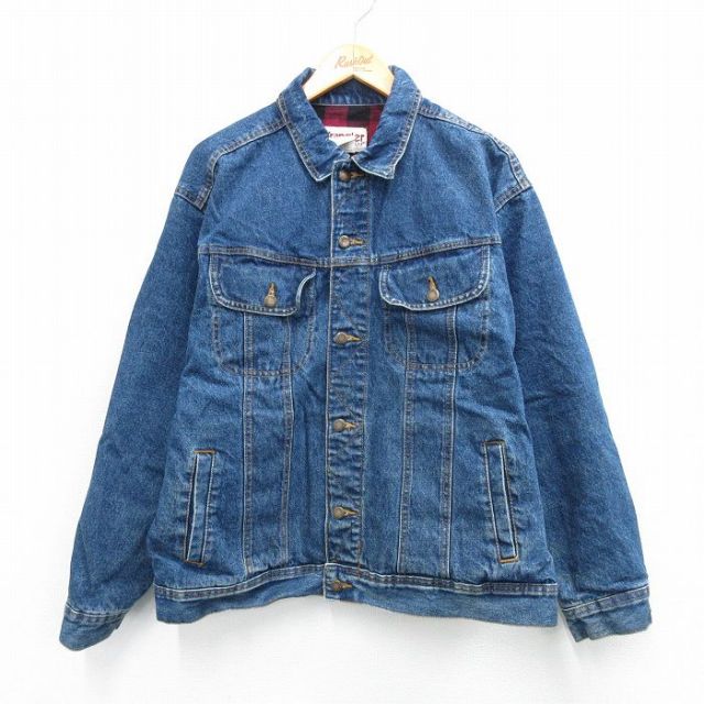 XL★古着 ラングラー Wrangler 長袖 ジージャン メンズ コットン 紺 ネイビー デニム 内側フランネル 25oct21 中古 アウター Gジャン ジャケット