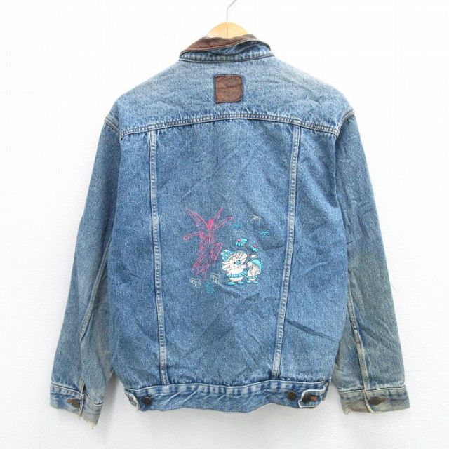 L★古着 マルボロ 長袖 ジージャン メンズ 90年代 90s キノコ 妖精 刺繍 襟レザー 紺 ネイビー デニム 25oct21 中古 アウター Gジャン ジャケット