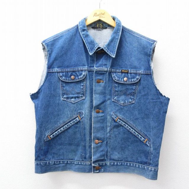 XL★古着 ラングラー Wrangler デニム ベスト メンズ 80年代 80s 紺 ネイビー 25oct27 中古 アウター