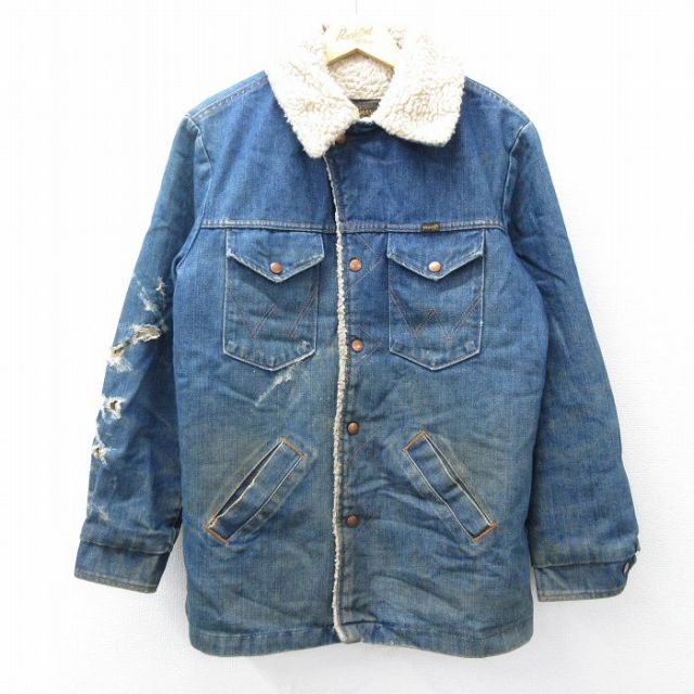 XL★古着 ラングラー Wrangler ボア デニム ジャケット メンズ 80年代 80s コットン USA製 紺 ネイビー 内側ボア 25oct27 中古 アウター