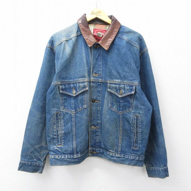 【20%OFF】XL★古着 マルボロ 長袖 ジージャン メンズ 90年代 90s 襟レザー コットン 紺 ネイビー デニム他 25nov05 中古 アウター Gジャン デニム ジャケット
