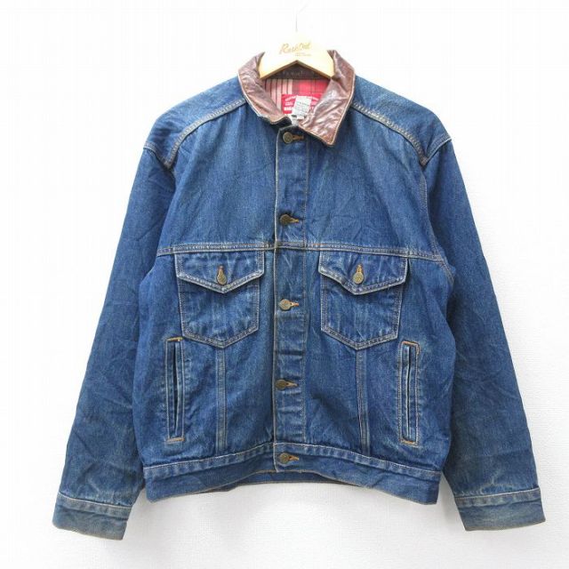 マルボロ 90s 長袖ジージャン 襟レザー ネイビー L | 古着