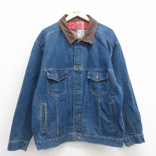 XL★古着 マルボロ 長袖 ジージャン メンズ 90年代 90s 大きいサイズ 襟レザー コットン 紺 デニム 25dec18