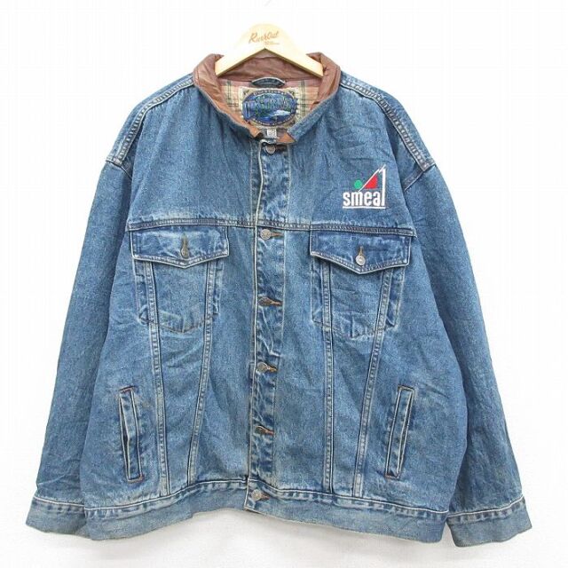 XL★古着 長袖 ジージャン メンズ 00年代 00s Smeal 襟レザー 大きいサイズ コットン 紺 デニム他 26jan09