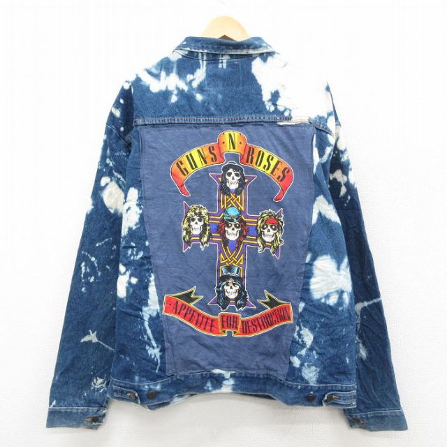 XL★古着 長袖 ロック バンド ジージャン メンズ 90年代 90s ガンズアンドローゼズ 大きいサイズ コットン 紺 デニム ブリーチ加工【spe】 26feb17