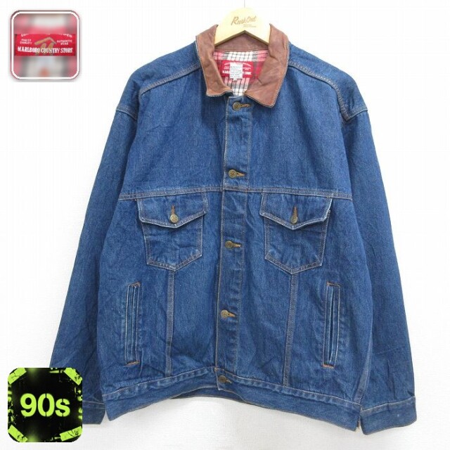 【20%OFF】マルボロ 90s 長袖ジージャン 襟レザー ネイビー メンズXL相当 | 古着