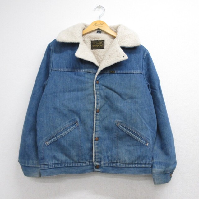 XL★古着 ラングラー Wrangler 長袖 デニム ジャケット メンズ 70年代 70s ランチコート ボア コットン USA製 ネイビー【spe】 26aug28
