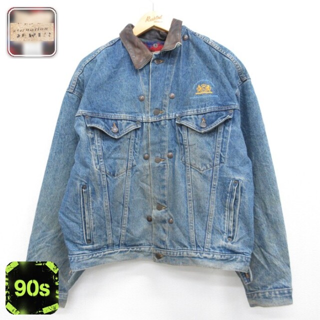 XL★古着 長袖 デニム ジャケット メンズ 90年代 90s ジージャン 大きいサイズ ウール 刺繍 コットン カナダ製 ネイビー【spe】 26oct01