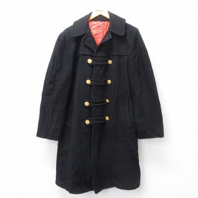 M★古着 長袖 ミリタリー コート メンズ 80年代 80s ロング丈 ウール 黒 ブラック 25feb03 中古 アウター