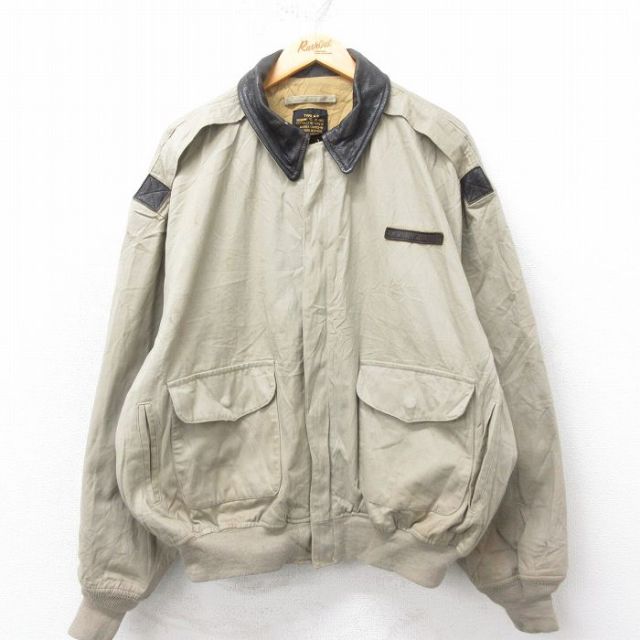 XL★古着 アビレックス アヴィレックス 長袖 ミリタリー ジャケット メンズ 90年代 90s A-2 エアフォース 大きいサイズ 襟レザー コットン USA製 ベージュ カーキ 25feb03 中古 アウター フライト