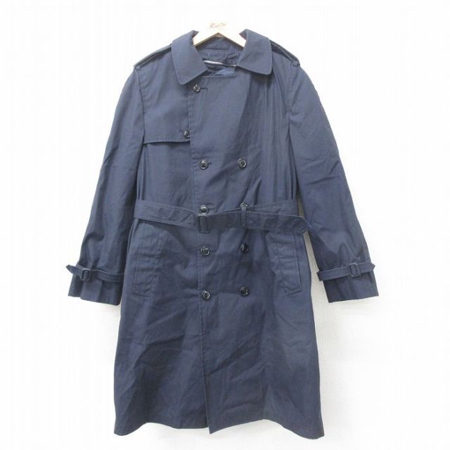 L★古着 長袖 ミリタリー トレンチ コート メンズ ロング丈 USA製 紺 ネイビー 25feb10 中古 アウター