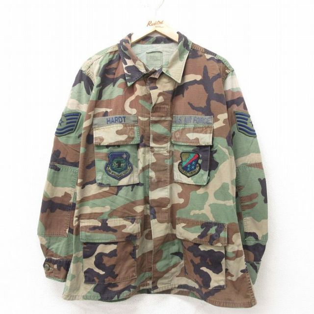 XL★古着 長袖 ミリタリー ジャケット メンズ USエアフォース コンバット リップストップ ウッドランドカモ USA製 緑 グリーン 迷彩 25feb10 中古 アウター フライト