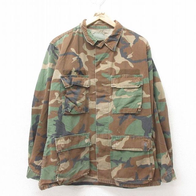 【50%OFF】L★古着 長袖 ミリタリー ジャケット メンズ コンバット リップストップ ウッドランドカモ USA製 緑 グリーン 迷彩 25feb10 中古 アウター フライト
