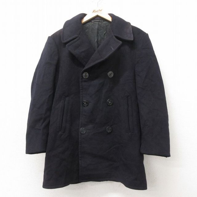 M★古着 長袖 ビンテージ ミリタリー ピーコート メンズ 70年代 70s ロング丈 ウール USA製 黒 ブラック ポケット内側コーデュロイ 25feb10 中古 アウター