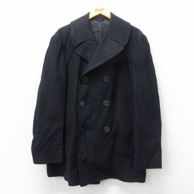 【20%OFF】M★古着 長袖 ビンテージ ミリタリー ピーコート メンズ 70年代 70s ロング丈 ウール USA製 黒 ブラック 25feb17 中古 アウター