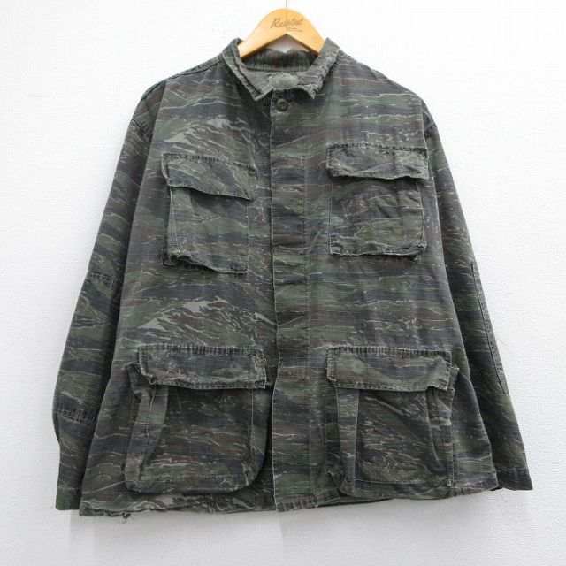 L★古着 長袖 ミリタリー ジャケット メンズ リップストップ タイガーストライプ 緑他 グリーン 迷彩 25feb19 中古 アウター フライト
