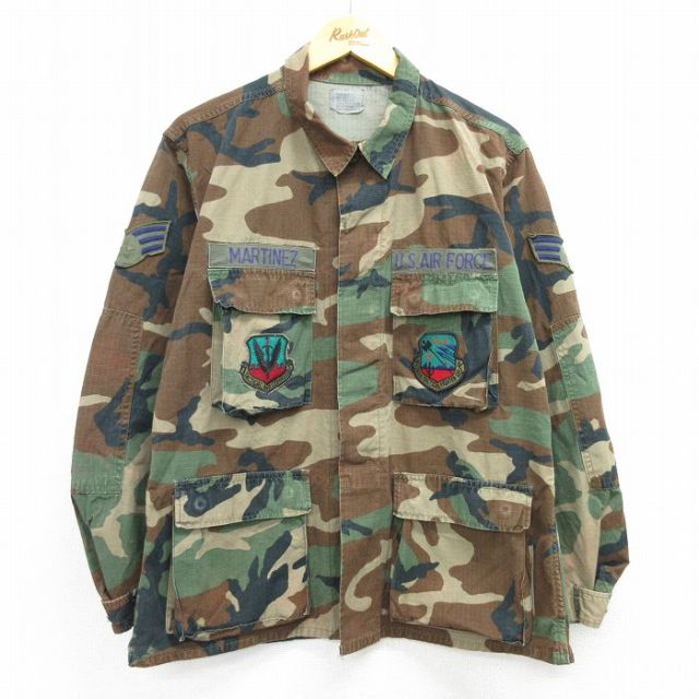 XL★古着 長袖 ミリタリー ジャケット メンズ 90年代 90s USエアーフォース コンバット リップストップ ウッドランドカモ コットン USA製 緑 グリーン 迷彩 25mar04 中古 アウター フライト