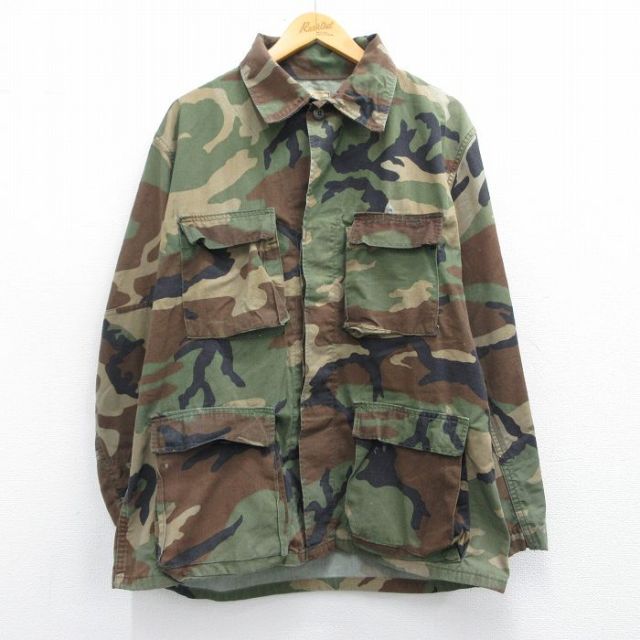 【50%OFF】L★古着 長袖 ミリタリー ジャケット メンズ 80年代 80s コンバット ウッドランドカモ USA製 茶他 ブラウン 迷彩 25mar21 中古 アウター フライト