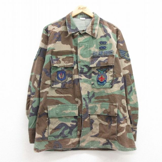 【50%OFF】L★古着 長袖 ミリタリー ジャケット メンズ 00年代 00s USエアーフォース リップストップ ウッドランドカモ コットン USA製 緑 グリーン 迷彩 25apr11 中古 アウター フライト