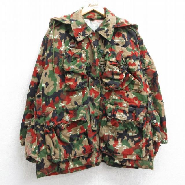 XL★古着 長袖 ビンテージ ミリタリー ジャケット パーカー メンズ 70年代 70s スイス軍 アルペンカモ M60 ヒジ当て ベージュ他 カーキ 迷彩 【spe】 25sep22 中古 アウター フライト