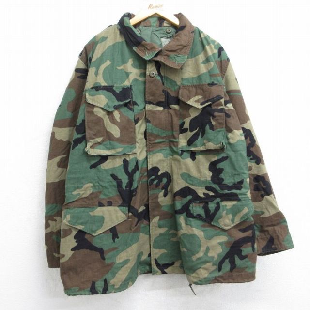 XL★古着 長袖 ミリタリー フィールド ジャケット メンズ 90年代 90s M-65 ウッドランドカモ ロング丈 USA製 濃緑他 グリーン 迷彩 25sep22 中古 アウター フライト